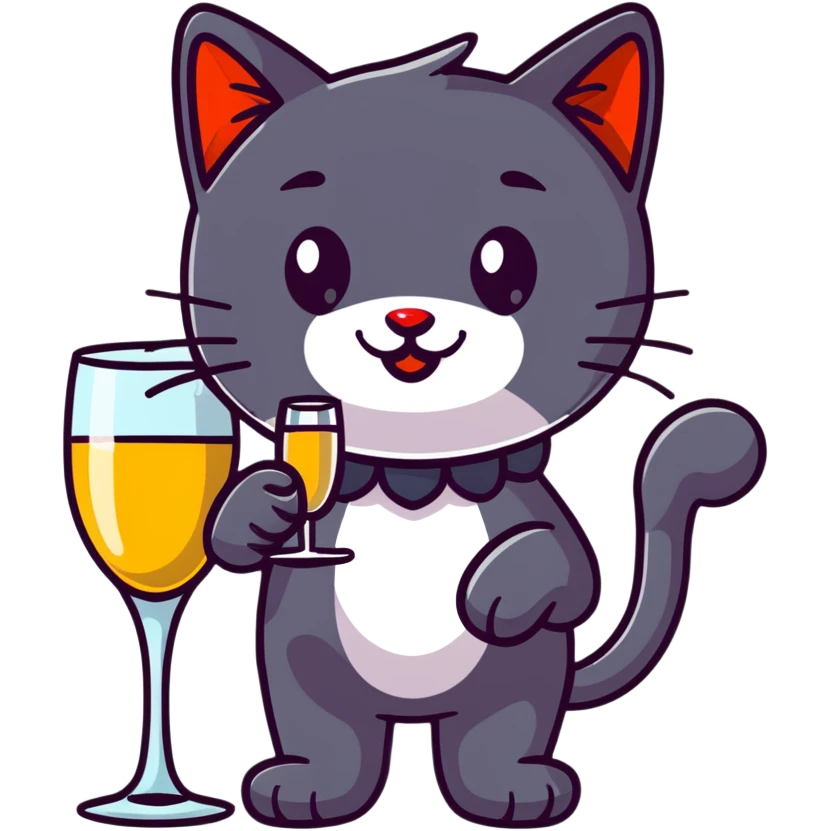 black cat with a red clown nose and a glass of champagne in its paw, playful and festive emoji
