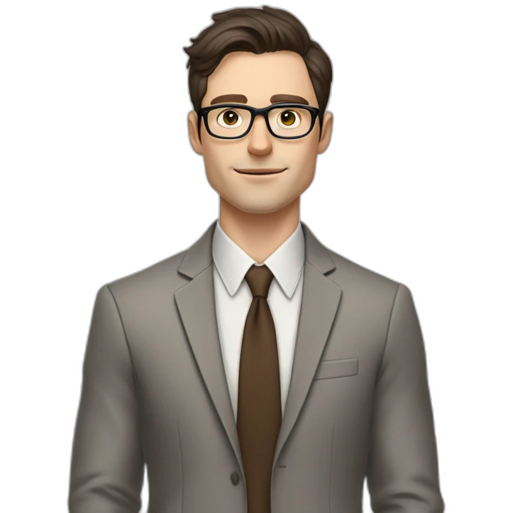 Pale skinned fit man with dark brown hair in gray jacket, beige office shirt, brown tie, brown pants and vintage glasses Writing on the flipchart emoji