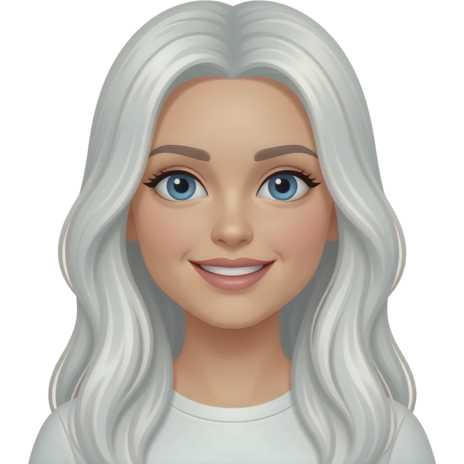 Happy girl, with long white hair, blue eyes, she is 20 year old, very pretty emoji
