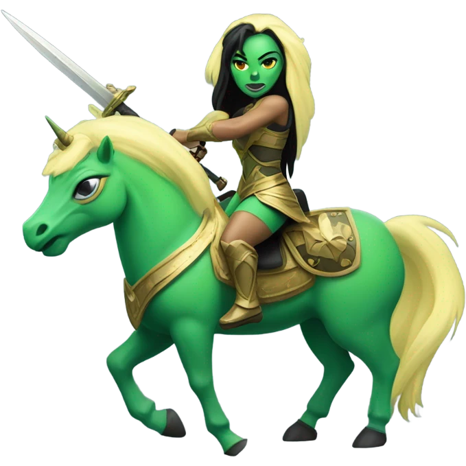 English

a green amazon alien woman on a light yellow unicorn with black mane holding a sword and shield emoji