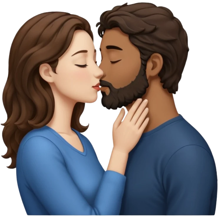 The woman is kissing the forehead of the man, side profile, White woman (brown hair with eyes closed) and brown man with black wavy hair (has a a beard with his eyes closed too). emoji