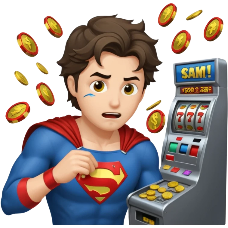 disheveled super hero losing money at a slot machine, panicked face, coins flying emoji