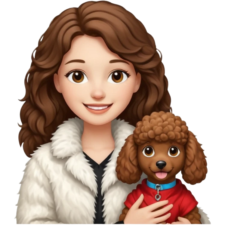 A white girl smiles a broad smile. She parts a long brown hair in middle. and she wears a white fur jacket. She also holds a brown poodle. emoji