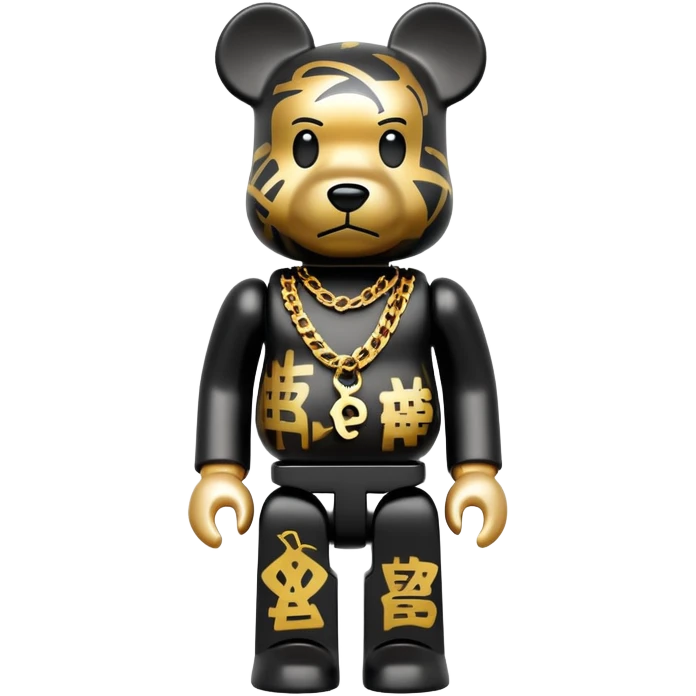 hustler bearbrick toy figure with graffiti print, X symbols instead of eyes, gold chain and money emoji