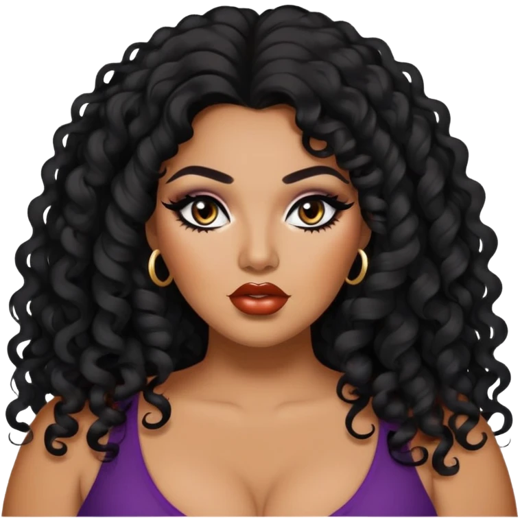 glasses, big plus size, darker tan skin, long black curly hair, baddie,pretty, makeup, lipliner, black eyeliner, long hair emoji