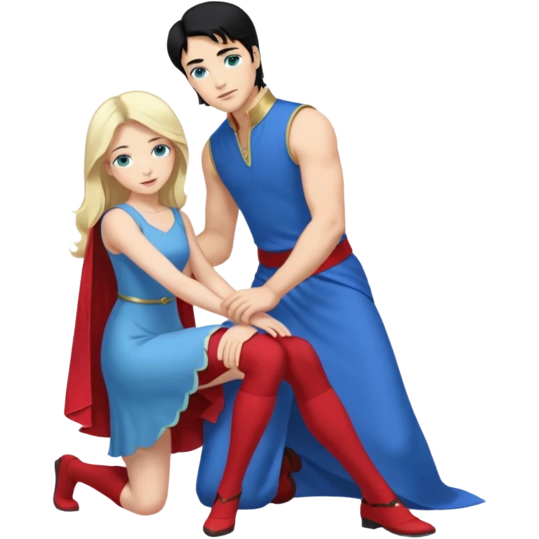 prince, upright, black Hair, blue eyes, blue garment,  Woman, blonde Hair, Green eyes, bending knee, sleveless White Dress, emoji
