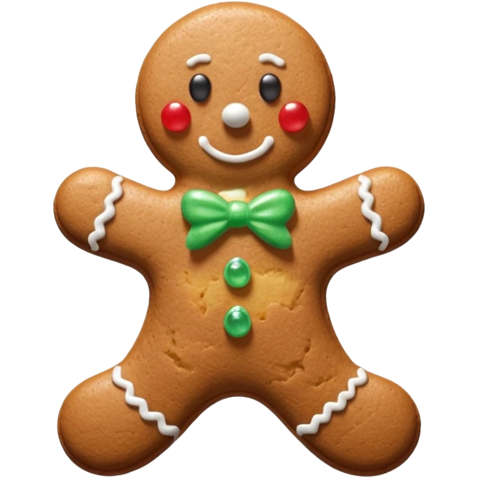 3D render of Gingerbread Man, made entirely of dessert materials, glistening sugar crystal texture, baked brown cookie texture with white icing details, delicious confectionery aesthetic, Apple emoji style, isolated on white background --v 6.0. emoji
