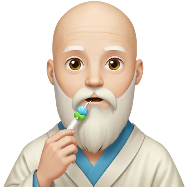 completely bald guy, with a long, white wizard beard tied down in a hair tie, eating a strand of dna emoji