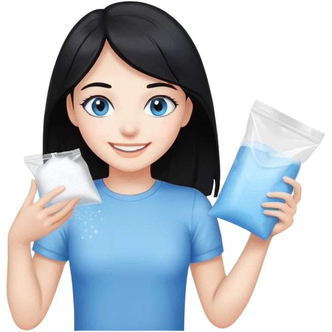 Black hair blue eye Girl smiling holding a clear plastic bag with white powder emoji