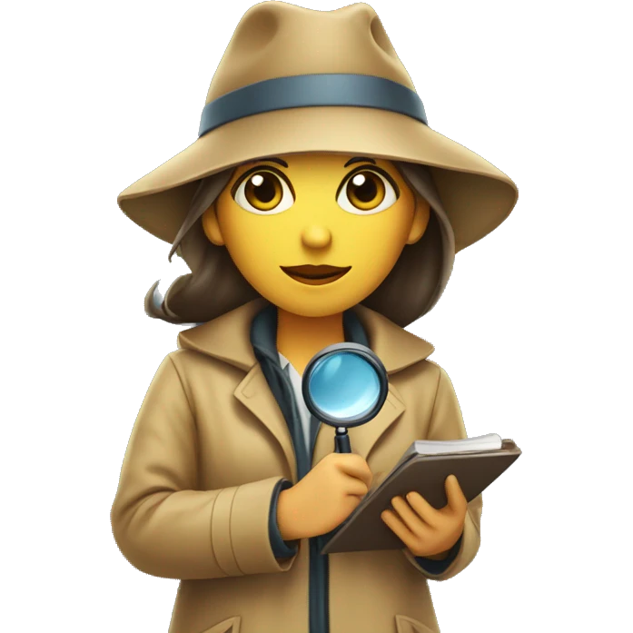 girl in a detective costume, in a raincoat, with a hat and a magnifying glass in her hands emoji