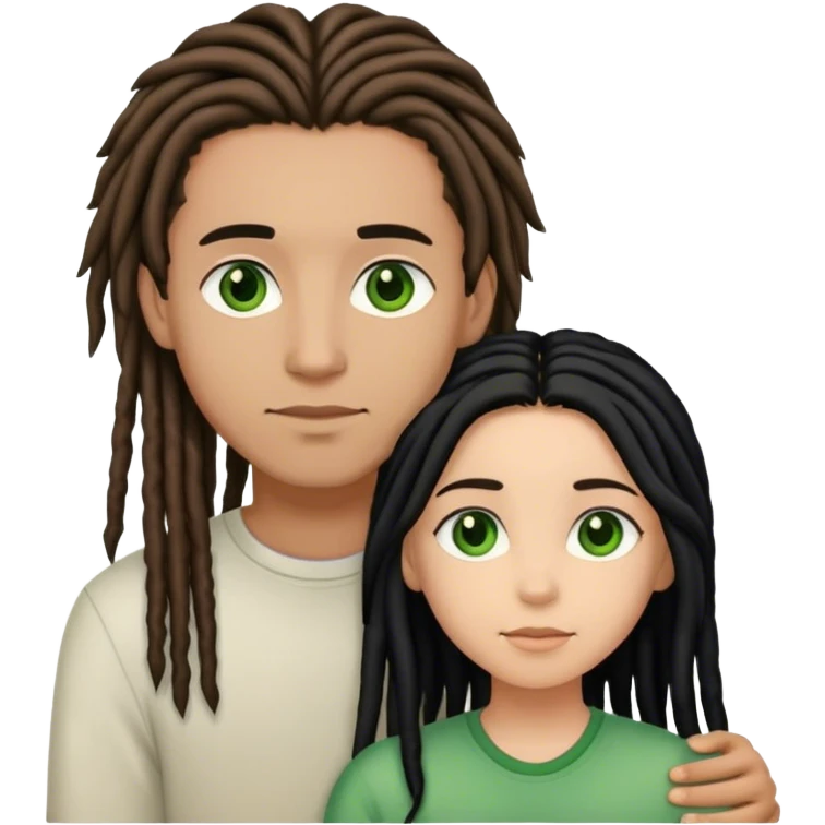 couple holding eachother. boy is light skinned, short brown dreads, and green eyes.girl is light skinned, long black hair flat ironed , and brown eyes. emoji