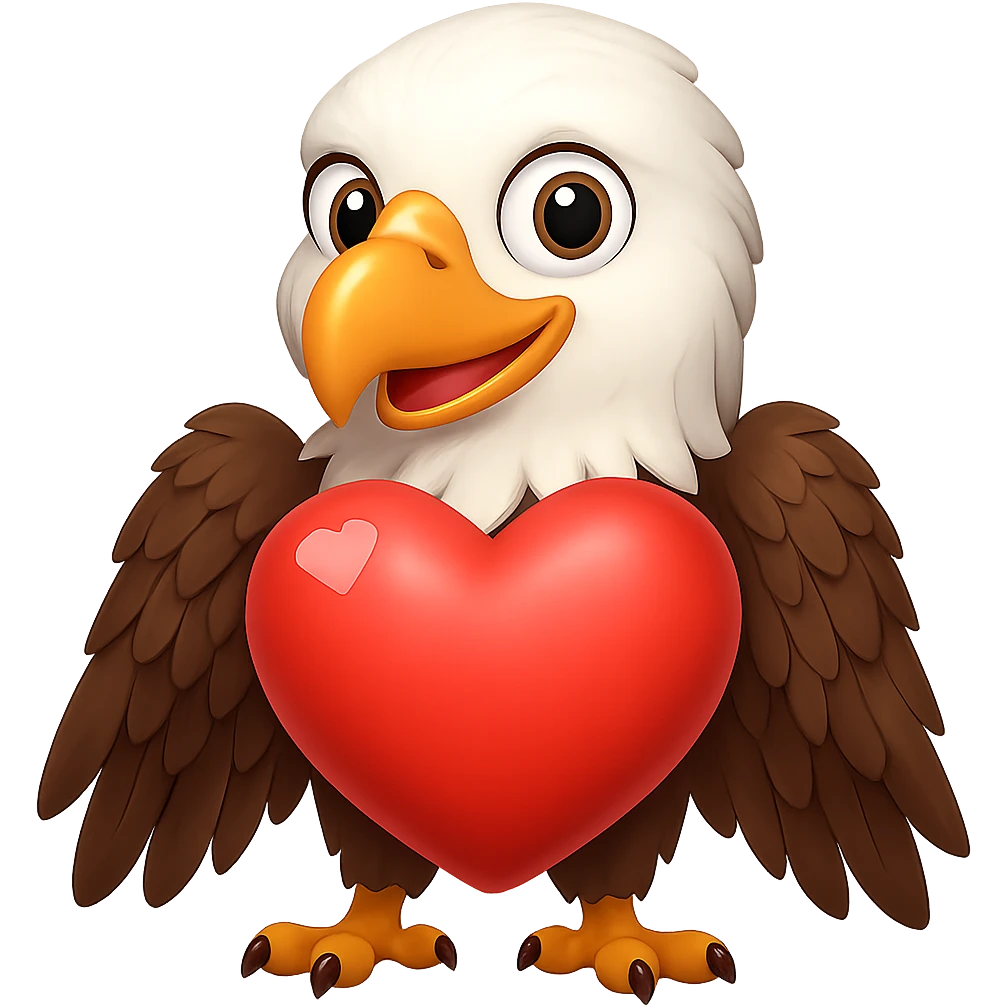 Make the eagle look friendlier while keeping the red heart, preserving the emoji style look. Remove the background. emoji