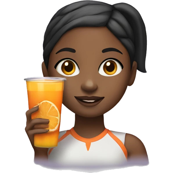 black girl with a high pony tail with straight hair in a high pony tail holding a cup of orange juice and a cookie in the other hand emoji