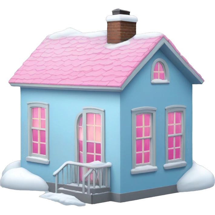 Light Blue house with pink windows and snow emoji