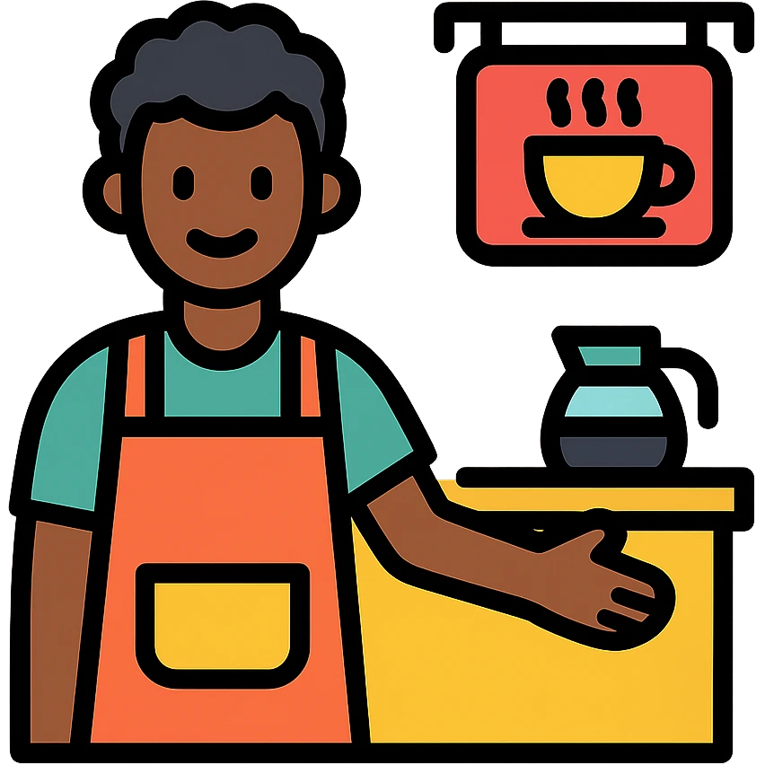 black cafe owner, welcoming gesture, coffee shop background, color outline icon style emoji