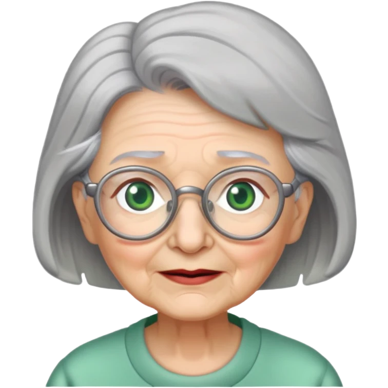 Grandma with grey hair, green eyes, grey hair, glasses with no teeth emoji