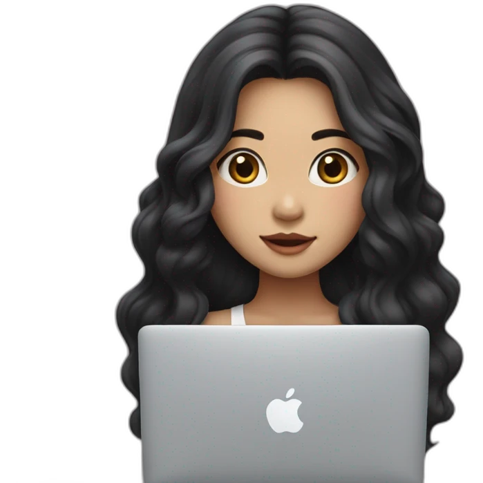 Korean girl with long and wavy black hair in front of her macbook, face whiter emoji