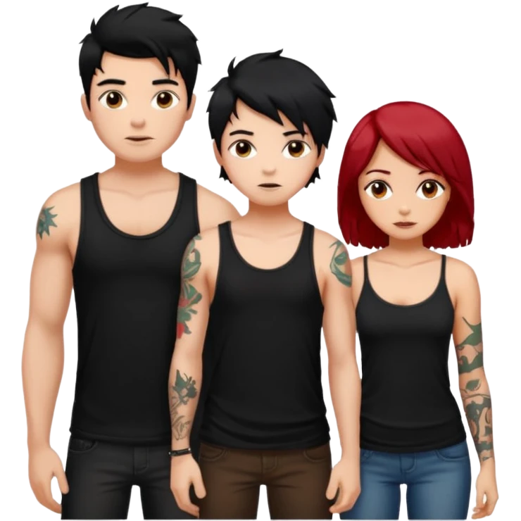 generate a fair boy with messy black hair, tattoos. standing beside a fair black haired girl wearing a black cami top and a tan girl with red hair emoji