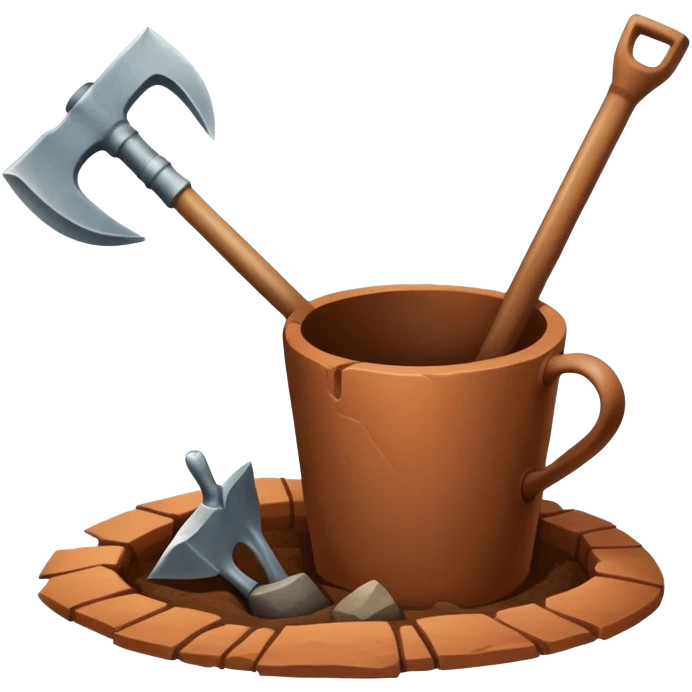 An icon featuring a shovel, pickaxe, and an ancient artifact like a broken pot, symbolizing the essentials of archaeology. The design focuses on the tools of excavation and discovery, recognizable look. Transparent background. emoji