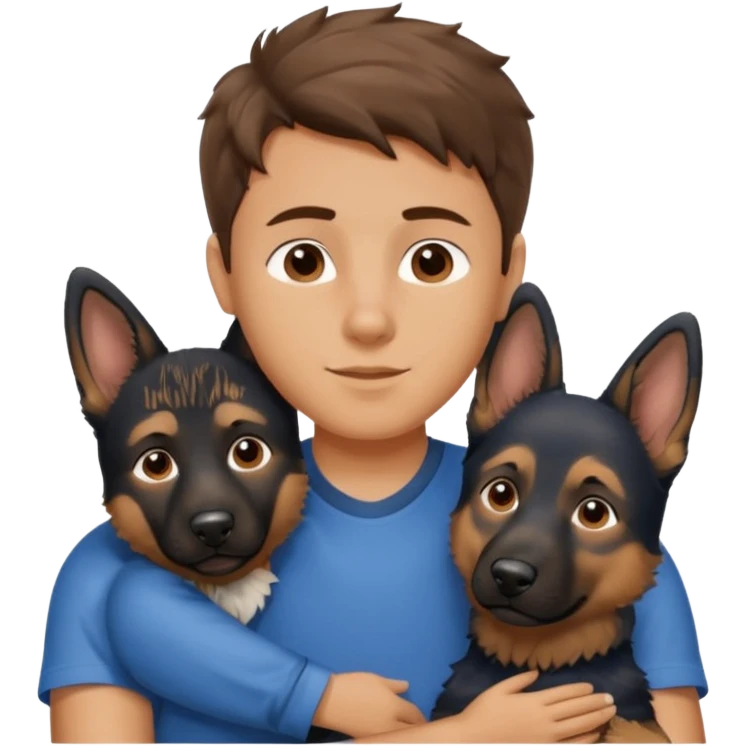 Garoto ondulado usando blusa azul abraçando um cachorro pastor alemão  emoji