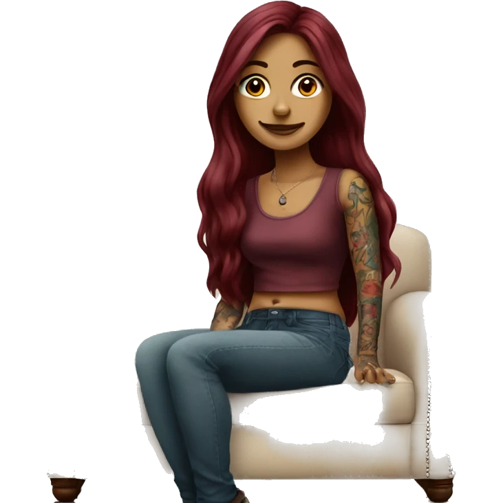 Beautiful tattooed burgundy long haired woman sitting on couch emoji