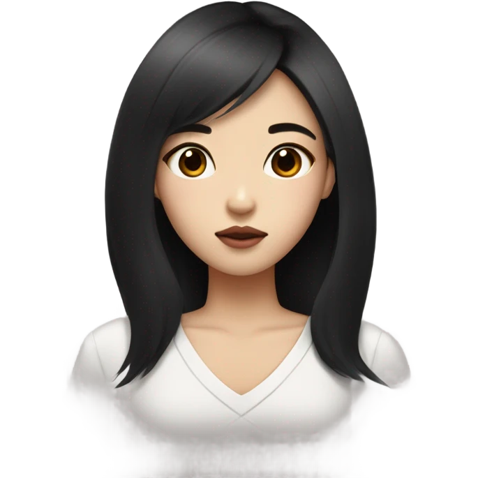 a girl with black hush cut hair with face framing and have straight eyebrow and then have big monolid eye like korean and a pointy nose and plumpy lips look like korean emoji