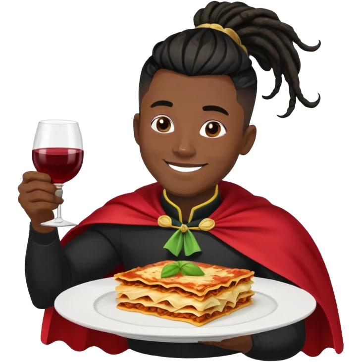  High fade widows peak ponytail dreadlock male black hair dark skin smiling and nigerian cape lasagna and wine while flying through the air emoji