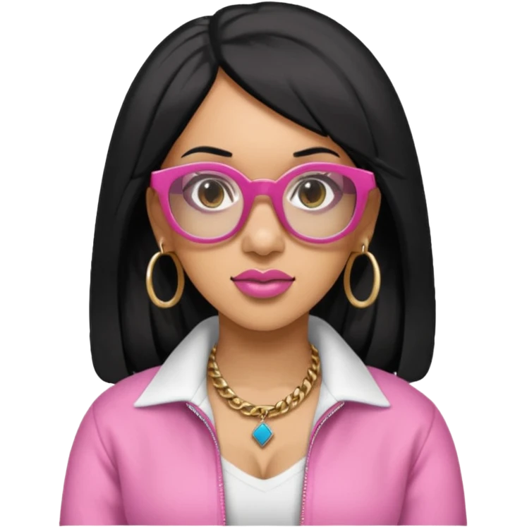 rapper Cardi B black hair, pink cloth wear glasses emoji