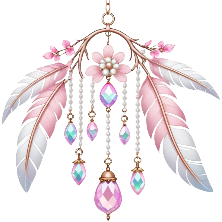 Hanging Iridescent pastel pink sakura crystals white-pearly suncatcher with bells and feathers emoji