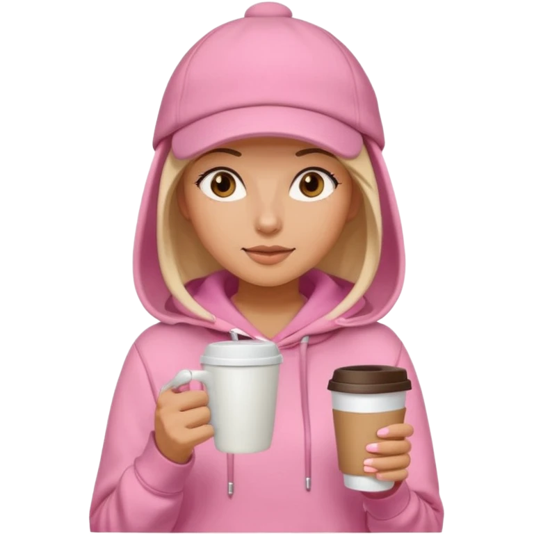 Woman in pink hoodie and cap holding coffee emoji