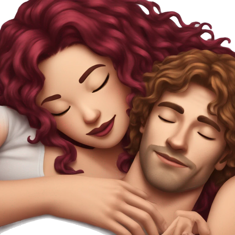 Beautiful tattooed burgundy long haired woman laying on her boyfriends chest emoji