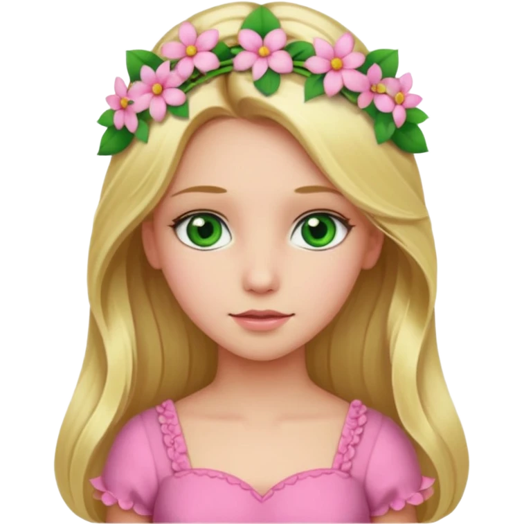 Girl profile picture with long blonde hair and green eyes and a flower in her hair. and a pink outfit emoji