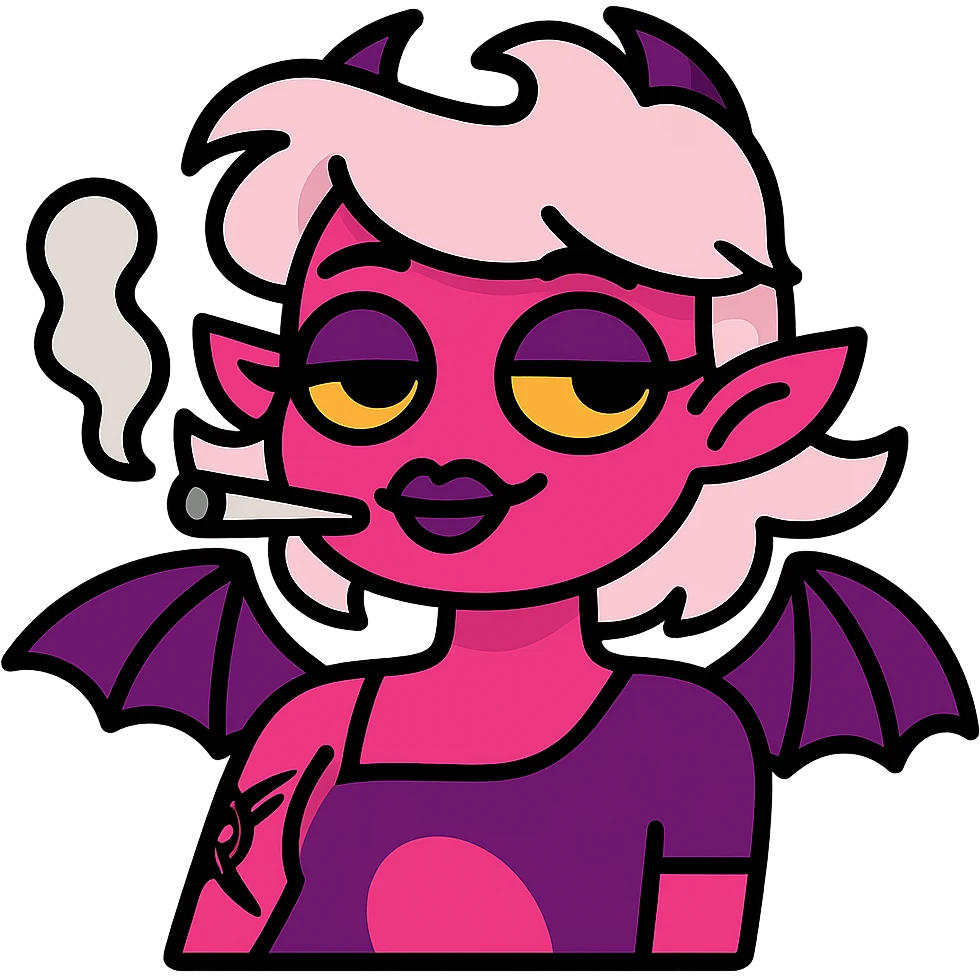 Create a modern, clean icon-style emoji of the character with a stoner vibe: relaxed, half-lidded eyes, subtle smile, and a chill expression with a little smoke. Keep the character's pink and purple color palette and bat-like features. emoji