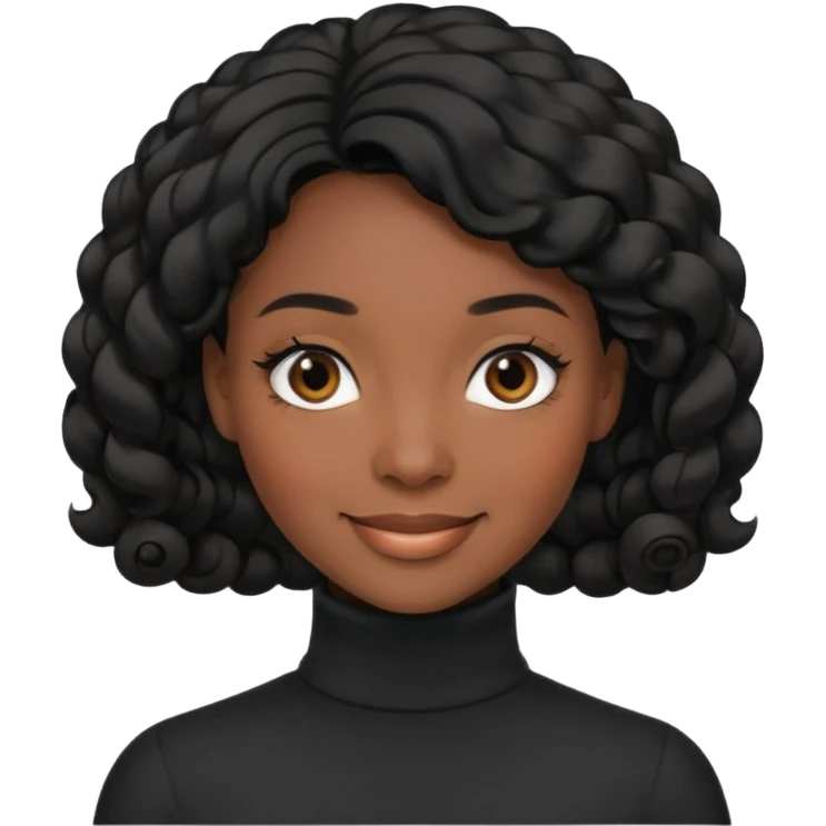Create a custom emoji-style character inspired by a smiling black woman with curled black hair, dark skin tone, dark eyes, and wearing a turtleneck.  emoji