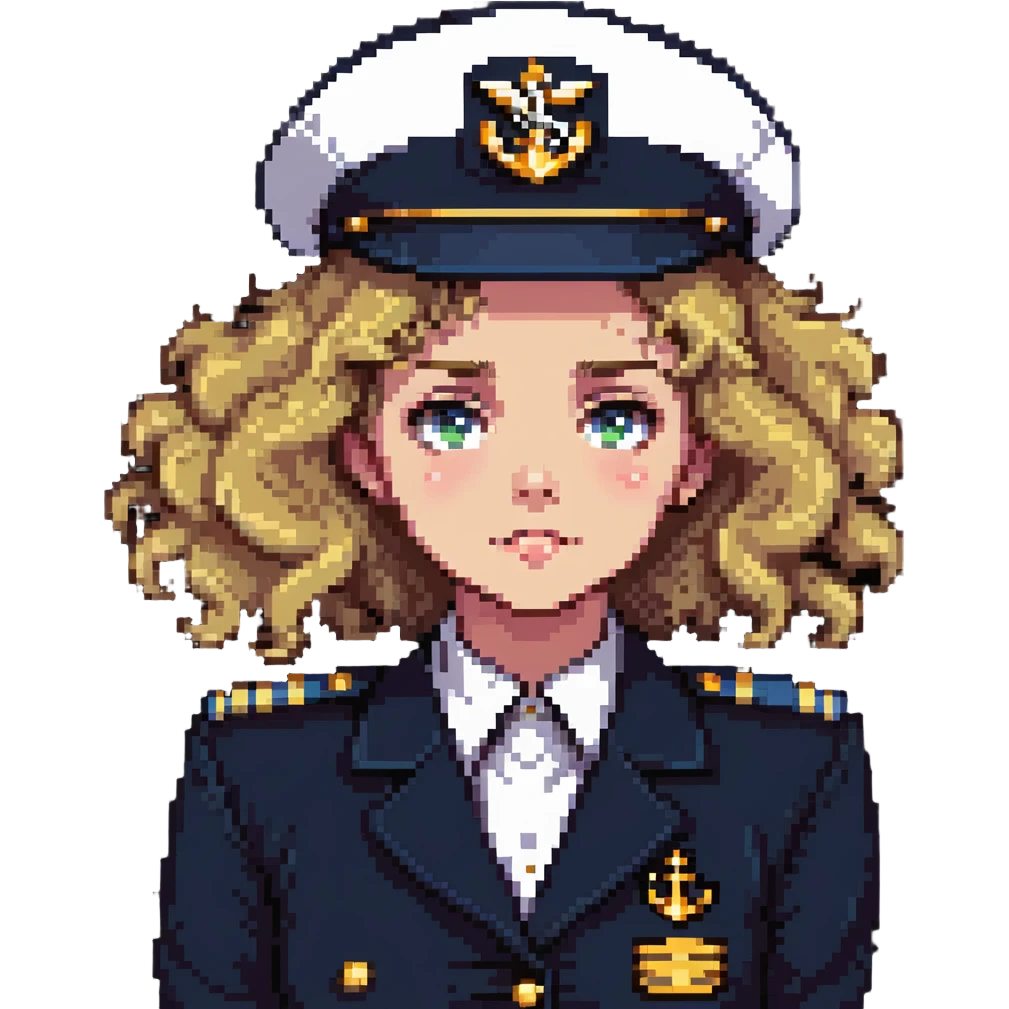 girl with curly dirty blonde hair, cruise captain uniform, questioning expression emoji