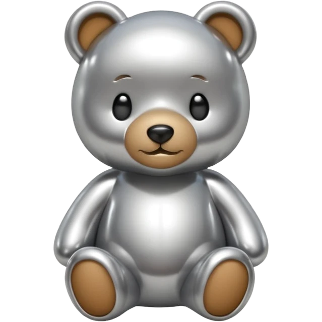 A cute teddy bear emoji made of liquid silver chrome, smooth rounded body, glossy metallic surface, soft reflections, friendly proportions, iOS emoji style, centered, clean white background emoji