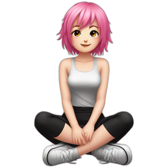 Full body Front view curvy emo girl pink hair sits on the floor straight view hands up black skirt полосатые рваные чулки emoji