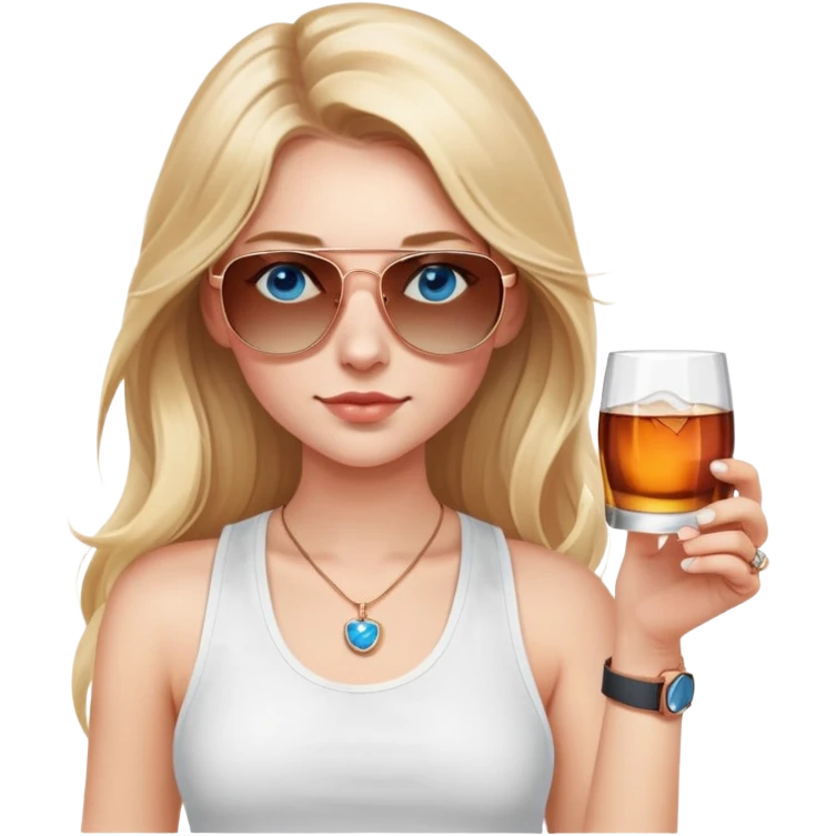 girl with long blond hair
with blue eyes
and aviator sunglasses
wearing white tank top 
holding a glass of whiskey, wearing rose gold apple watch  emoji