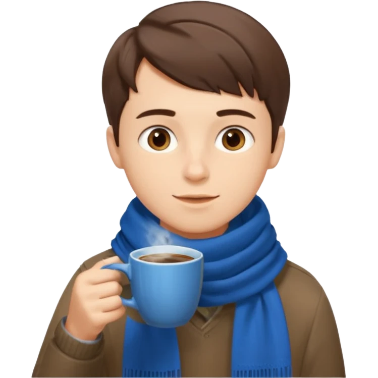 a boy with short hair, having scarf,  drink coffee, enjoy emoji
