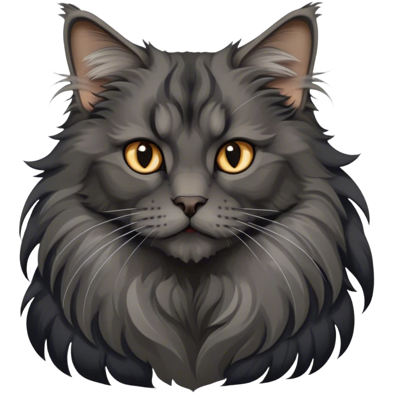 Portrait of a black smoke Maine Coon cat with long grey ear tufts and a large grey ruff around its neck. The cat has a majestic expression, with fluffy fur and striking eyes. Transparent background. emoji