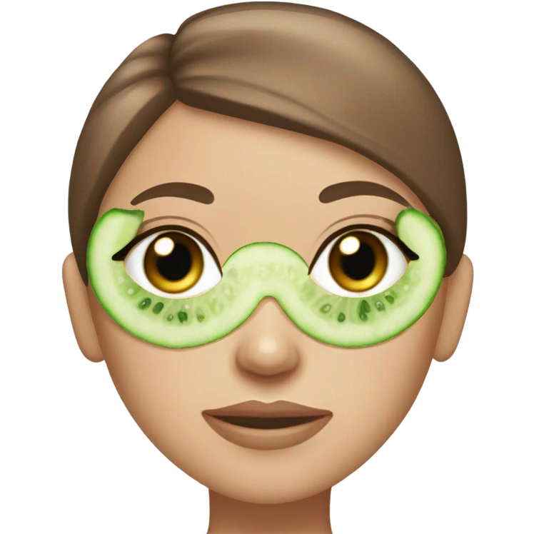 Girl with freackles Brown hair white skin Tone and blue eyes wears Green skin care mask and cucumber on her eyes emoji