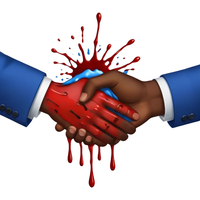 handshake, blood on one of the hands, in blue suits, blood splashes emoji