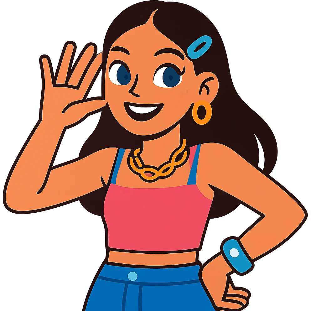 girl with clear skin, bright eyes, healthy hair, confident smile, Y2K fashion, shiny accessories, bold colors, playful pose emoji