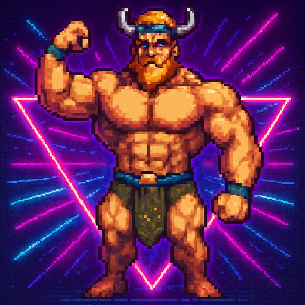 Add a neon background to the Techno Viking flexing muscles in pixel art style. Keep the pixel art style look and feel. emoji