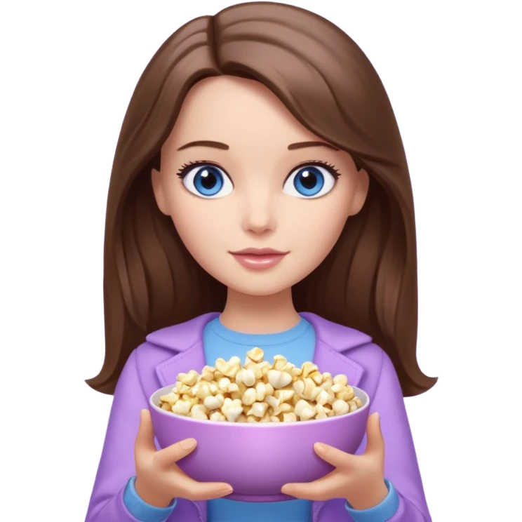 beautiful barbie girl with long brown hair, blue eyes and wearing light purple clothes watching stranger things on tv emoji