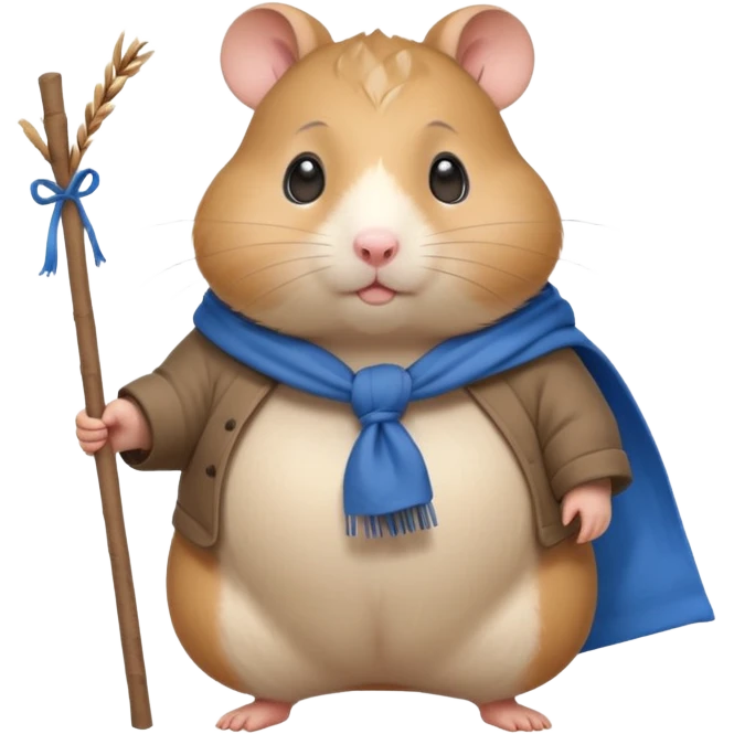 Cute fat cartoon-style hamster, standing upright like a traveler, carrying a stick with a tied blue cloth bundle (bindle) over its shoulder. Painted in a soft, hand-drawn style with light shading, expressive big eyes, and a slightly whimsical, melancholy expression. emoji