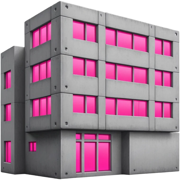 Brutalist gray concrete block building with one neon pink window and several regular windows emoji
