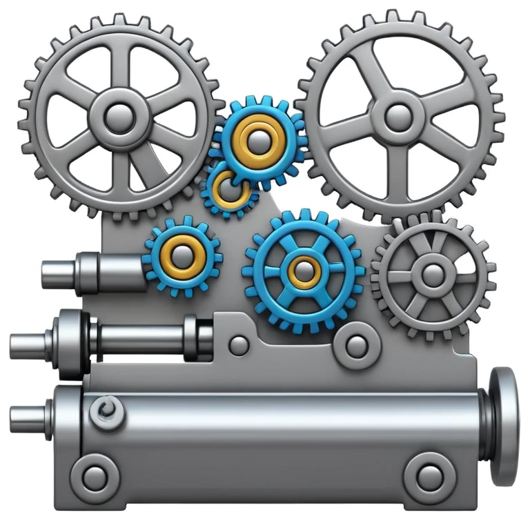 dense greyscale emoji-style card back featuring a psychedelic, abstract but functioning machine packed edge-to-edge with interconnected gears, pistons, levers, and moving parts forming a seamless, complex mechanism, no background visible, only the machine fills the card emoji