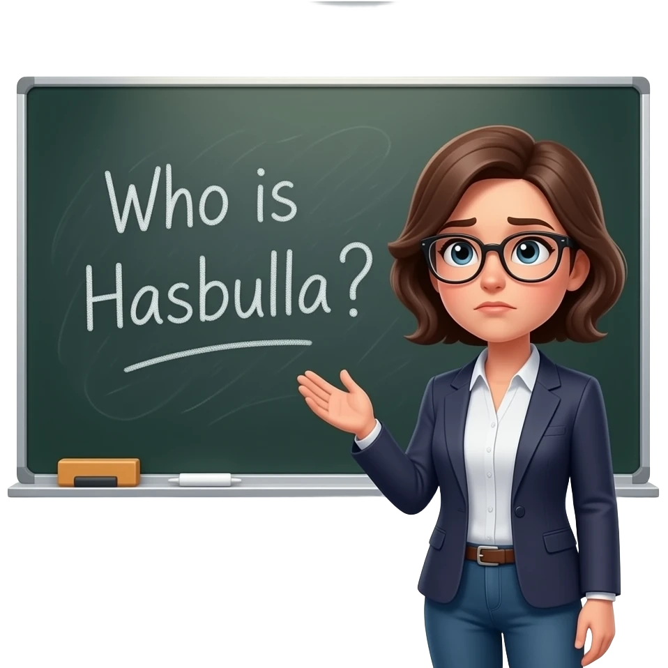 A photorealistic portrait of a female teacher in her 30s wearing glasses, standing in a school classroom. She has a skeptical look, looking up at the viewer with calmdown. Next to her, a large blackboard has the text 'Who is Hasbulla?' written in messy chalk. Soft overhead classroom, ultra details. emoji