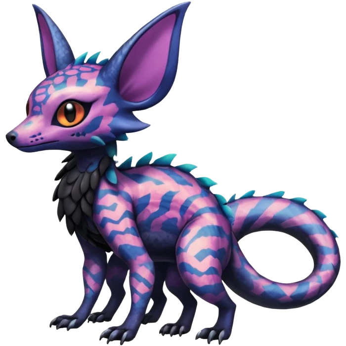 Rare epic aesthetic iridescent spooky gloomy colorful Salandit-Noibat-Eevee-Genet-species-Fakemon-hybrid-creature, with markings, full body emoji
